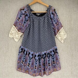 Umgee Dress Womens Medium Off the Shoulder Boho Mini Paisley Multiprint Crochet
